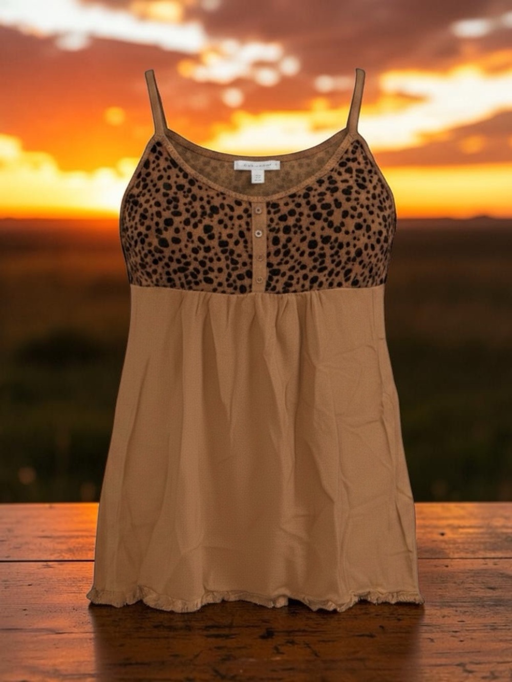 Umgee Brown Leopard Print Linen Babydoll Dress Resort Boho Mixed Media Lagenlook